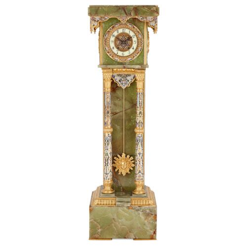 Green onyx, ormolu, and champlevé enamel pedestal clock
