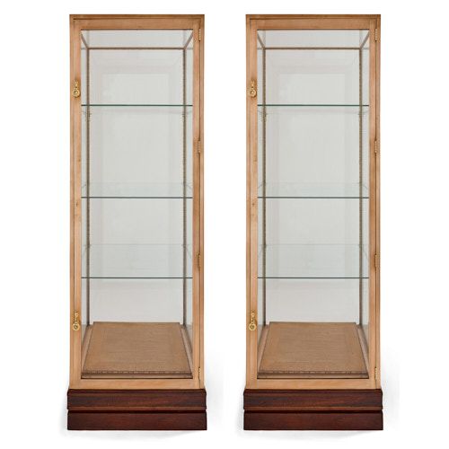 Pair of French Art Deco brass and wood display cabinets