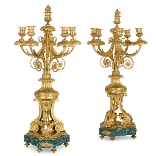 Pair of Louis XVI style ormolu and malachite candelabra