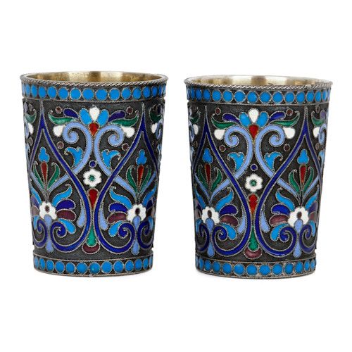 Pair of antique Russian silver and cloisonné enamel beakers