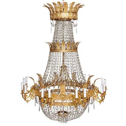 Empire style ormolu and cut glass eighteen light chandelier