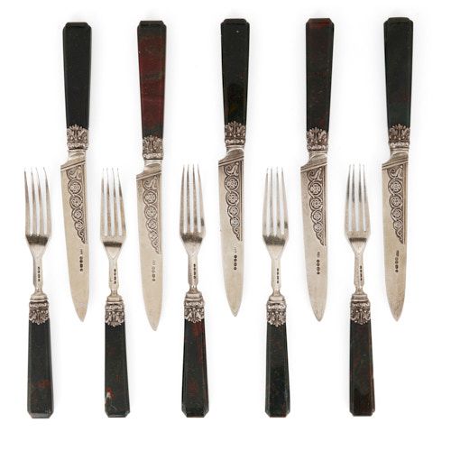 Antique set of five silver and bloodstone knives and forks