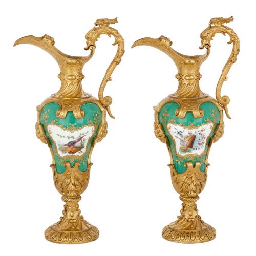 Pair of Sèvres style porcelain and ormolu ewer-form vases