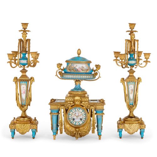 Sèvres style jewelled porcelain and ormolu three-piece clock set