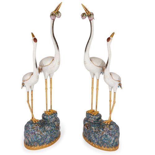 Pair of large Chinese cloisonné enamel double-crane models