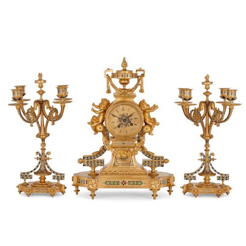 Ormolu and champlevé enamel three-piece clock set