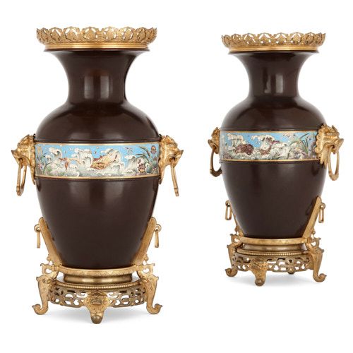 Pair of French Chinoiserie bronze and enamel vases