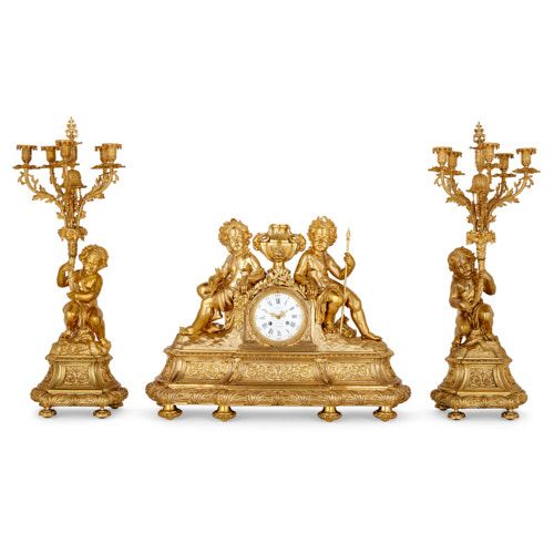 French 19th century ormolu three-piece clock set