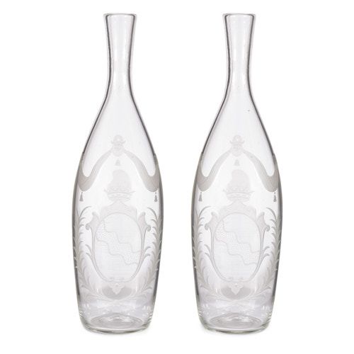 Pair of Russian armorial cut-glass decanters