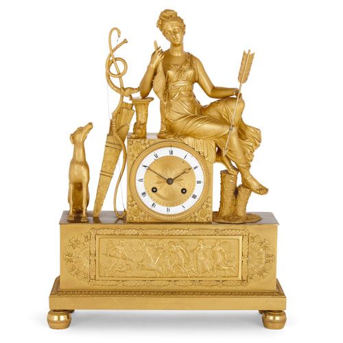 Empire ormolu mantel clock depicting Diana the Huntress