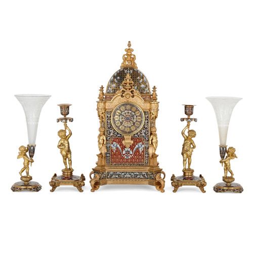 French ormolu mounted champlevé enamel five-piece clock set