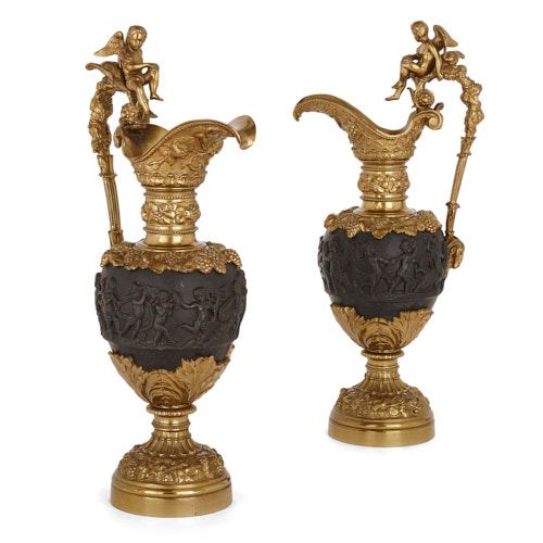 Pair of gilt and patinated bronze ewer-form vases