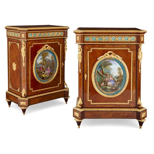 Pair of Victorian ormolu and porcelain mounted amboyna cabinets