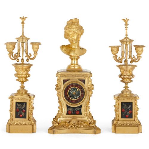 Ormolu and pietra dura three-piece clock set by Barbedienne