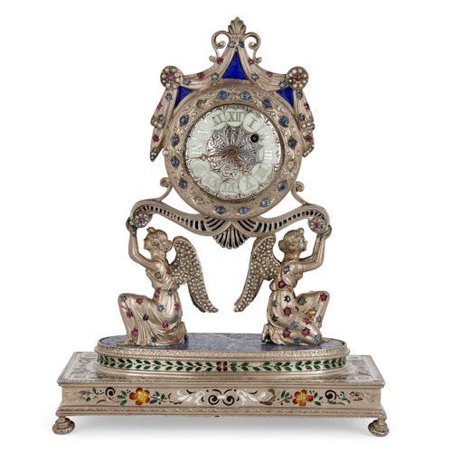 Viennese jewelled silver and champlevé enamel mantel clock