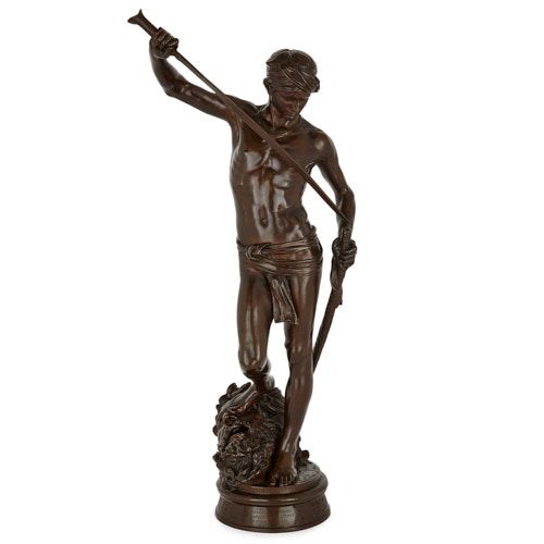 Patinated bronze figure of David by Barbedienne and Mercié