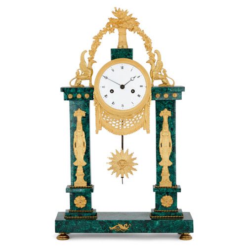 Louis XVI period ormolu mounted malachite mantel clock