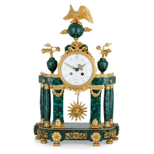 Louis XVI style ormolu mounted malachite mantel clock