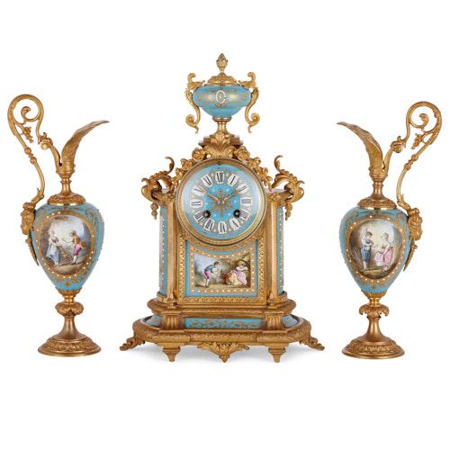 Sèvres style porcelain and ormolu three-piece clock set