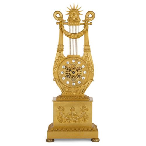 Louis XVI style ormolu lyre-shaped mantel clock by Le Roy