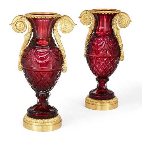 Pair of Russian ormolu and ruby cut glass vases