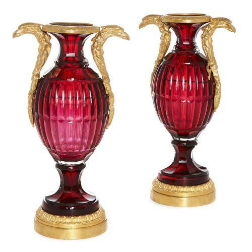 Pair of Russian ormolu mounted ruby cut glass vases