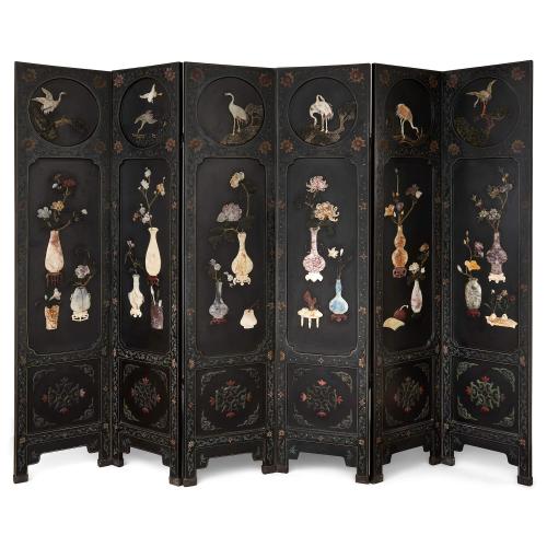 Large six-panelled hardstone and lacquered wood folding screen