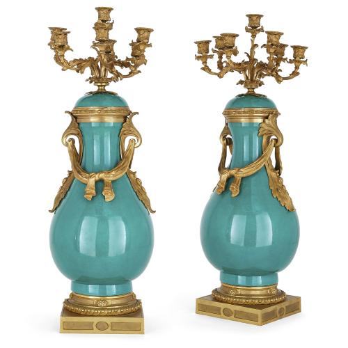 Pair of large ormolu and Sèvres style porcelain candelabra