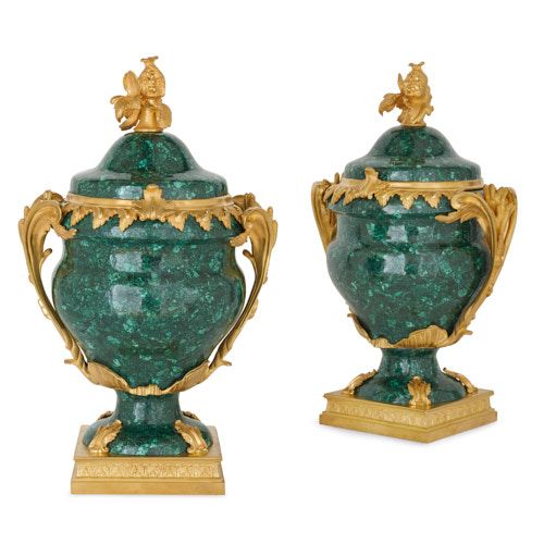 Pair of Louis XVI style ormolu mounted malachite vases