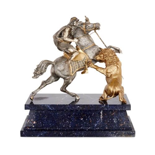 Italian silver and silver-gilt group of a rider, horse and lion