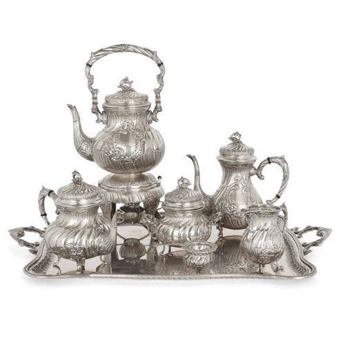 Seven-piece Spanish silver Rococo style tea and coffee set