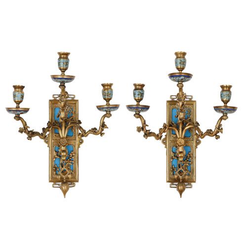 Pair of Japonisme ormolu and champlevé enamel wall lights
