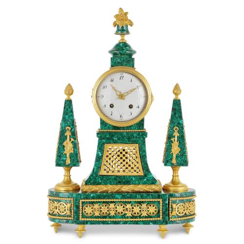 Ormolu and malachite Louis XVI period mantel clock