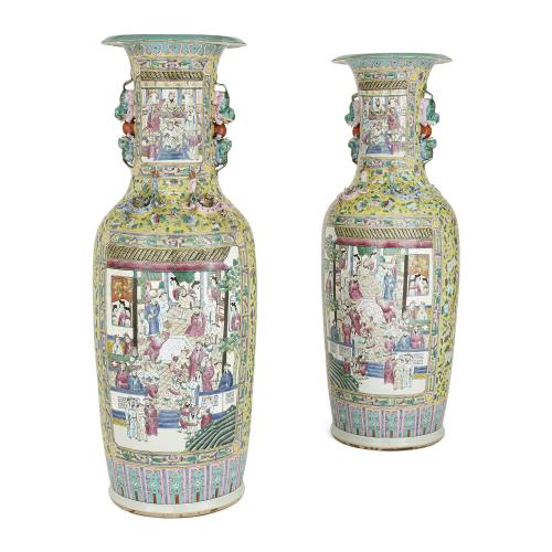 Pair of large Chinese Canton famille jaune porcelain vases