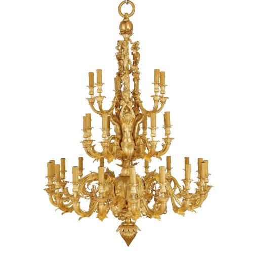 Large French Rococo style thirty-three light ormolu chandelier