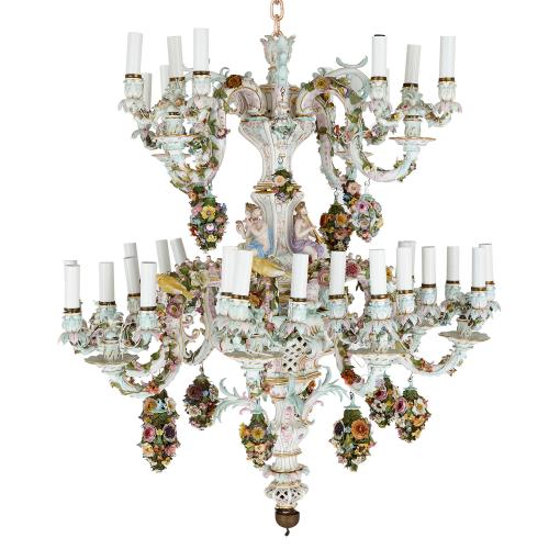 Large Meissen porcelain flower-encrusted 36-light chandelier