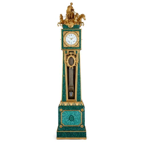 Large Neoclassical style ormolu mounted malachite longcase clock