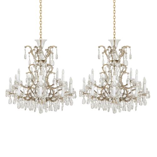 Pair of Bohemian cut glass and metal chandeliers