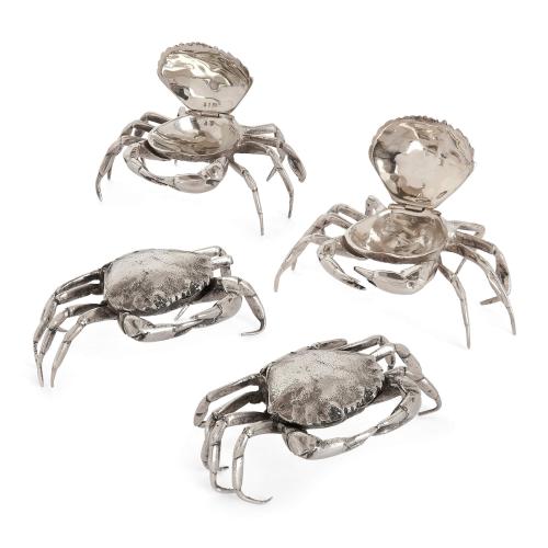 Set of four Spanish silver crab-form boxes