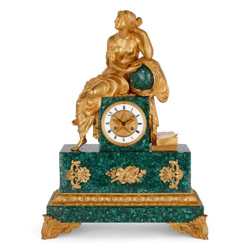 Charles X period ormolu and malachite figurative mantel clock