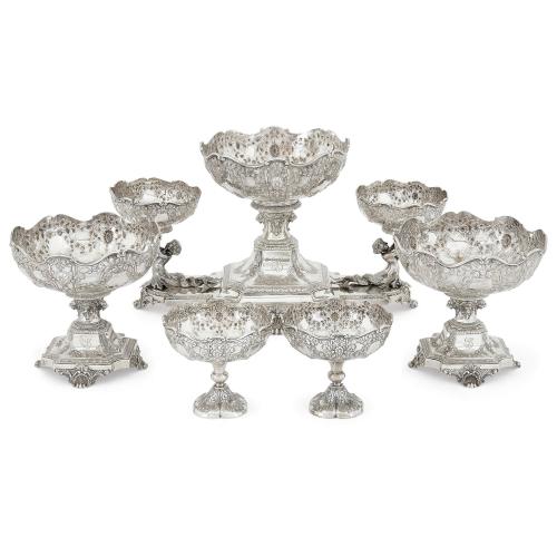 English five-piece silver centrepiece garniture by Woodward & Co.