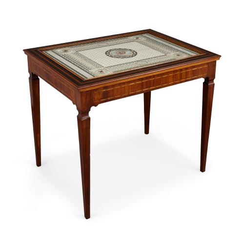 A mahogany, sycamore, and silk-inlaid centre table, 19th century