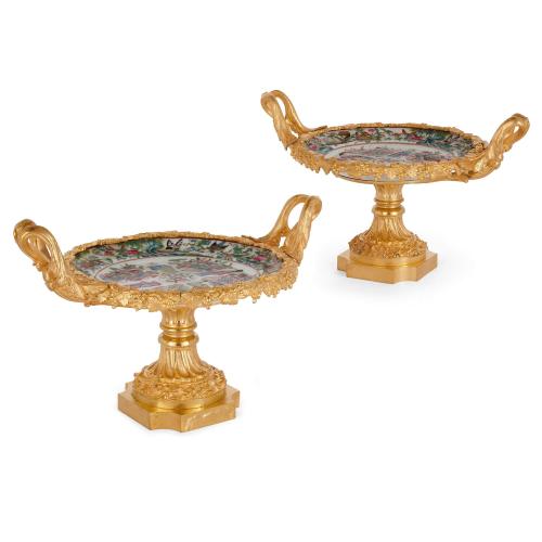 Pair of French & Chinese ormolu mounted porcelain tazze