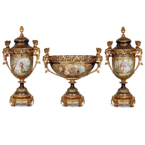 Sèvres style porcelain and ormolu three piece vase garniture