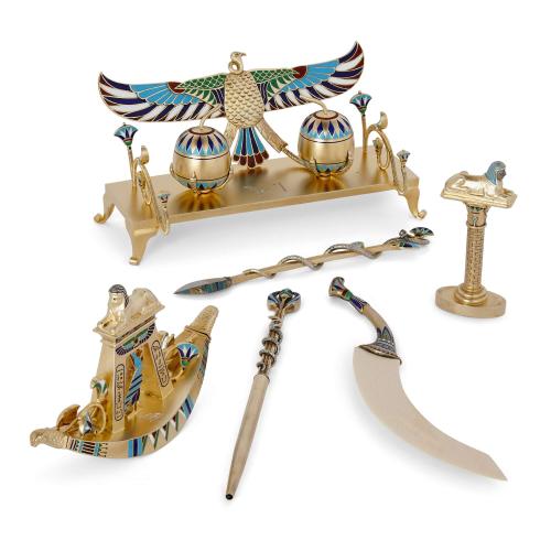 Art Deco and Egyptian Revival style silver gilt and enamel desk set