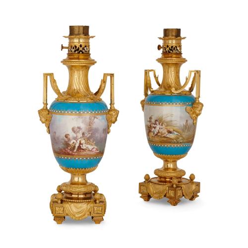 Pair of ormolu mounted Sèvres style porcelain lamps by Picard