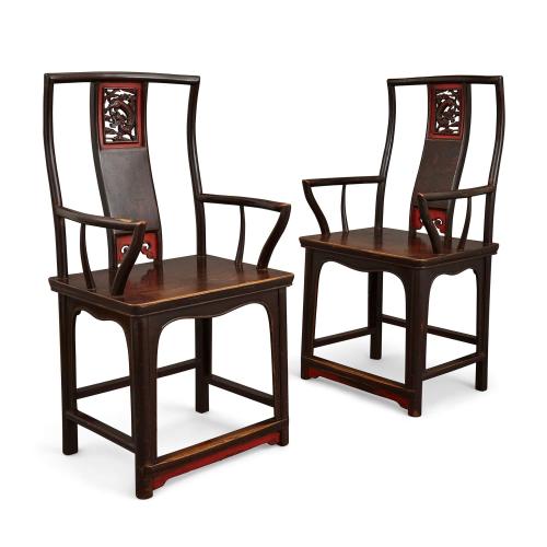 Pair of painted and lacquered Chinese yoke back armchairs
