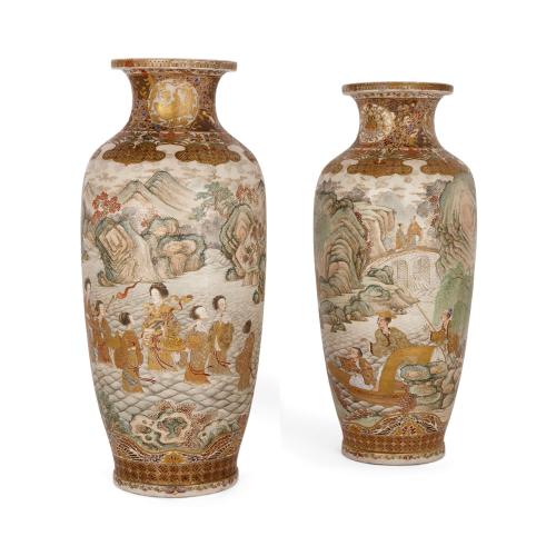 Pair of large satsuma rouleau Meiji period earthenware vases