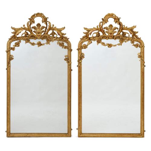 Pair of large French Rococo revival giltwood mirrors
