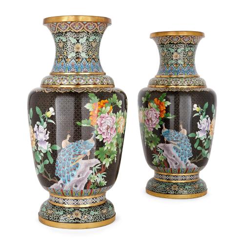 Pair of large gilt Chinese cloisonné enamel vases on black ground